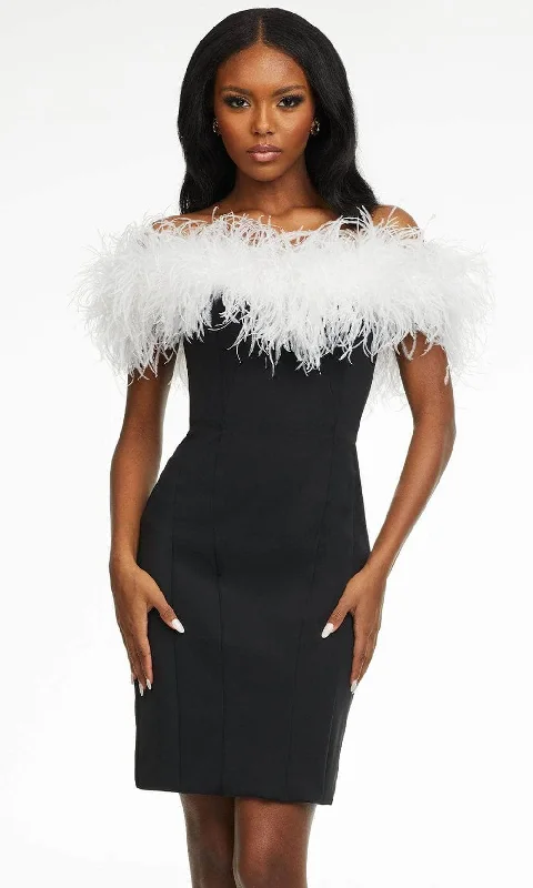 Party dress for a fashionable exclusive VIP fashion show-Ashley Lauren - Feather-Trimmed Cocktail Dress 4490 - 1 pc White/Black In Size 12 Available