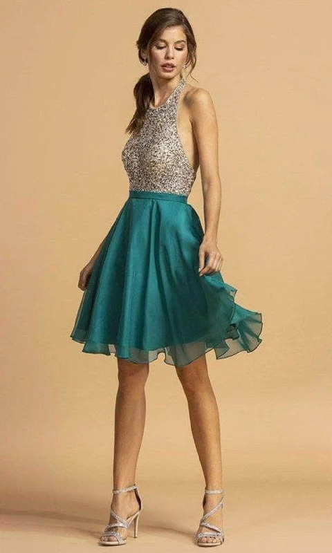 Party dress for a glamorous exclusive gathering-Aspeed Design - Bejeweled Halter A-Line Cocktail Dress S2140 - 1 pc Teal In Size XS Available