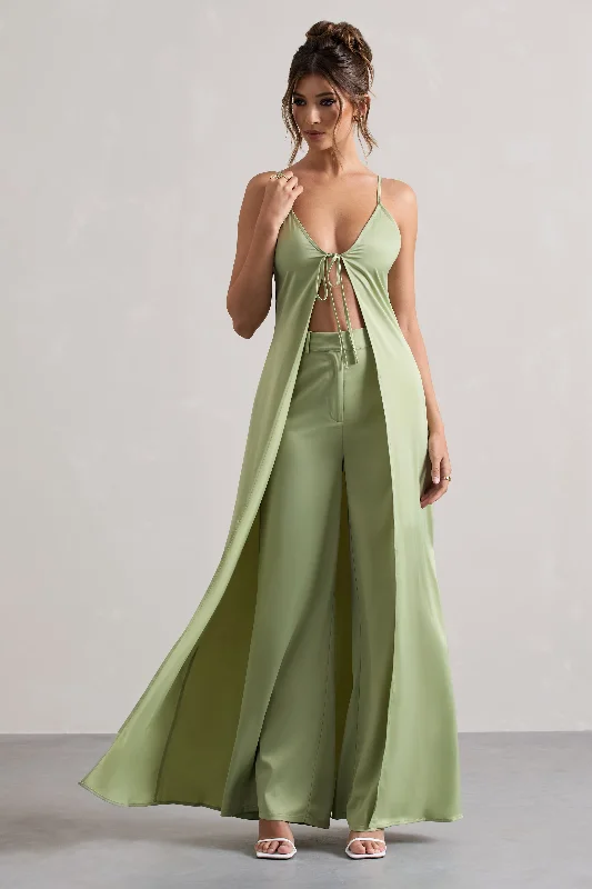 Maxi dresses with pleats for elegant events-Calvi | Pale Green Satin Longline Cami Top With Split Front