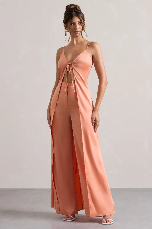 Elegant evening maxi dresses-Calvi | Peach Satin Longline Cami Top With Split Front