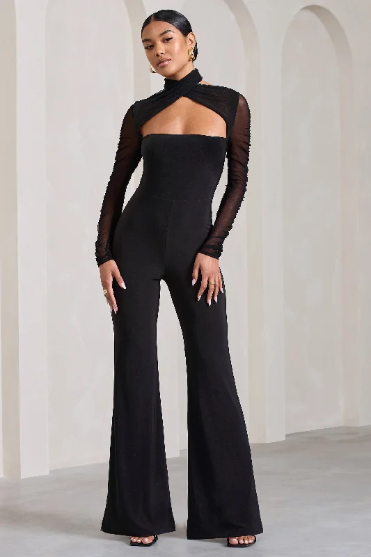 Casual satin evening maxi dresses-Fallon | Black Flared-Leg Jumpsuit With Long Mesh Sleeves