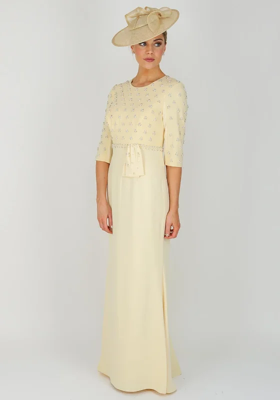 Maxi dresses with floral embroidery for casual wear-John Charles Embellished Long Crepe Dress UK Size 10, Lemon