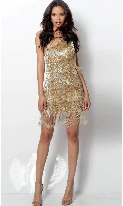 Party dress for a luxurious private VIP gathering-Jovani - Asymmetric Beaded Cocktail Dress 616841SC - 1 pc Gold In Size 4 Available