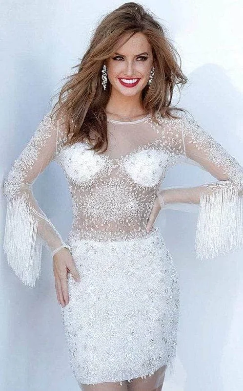 Party dress for a high-profile private designer fashion gathering-Jovani - Beaded Fringe Sheath Cocktail Dress 3152SC - 1 pc Off White In Size 8 Available