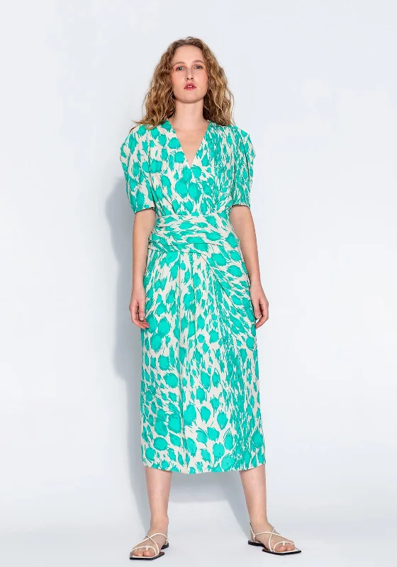 Trendy black maxi dresses for dinner dates-Kameya Leopard Inspired Print Long Dress, Turquoise