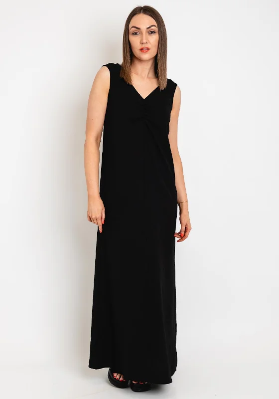 Elegant lace-up maxi dresses for formal events-Kaffe Silja Ruched Bodice V Neck Long Dress, Black