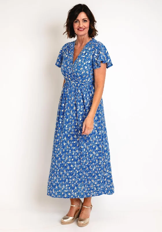 Maxi dresses for outdoor celebrations-Serafina Collection Metallic Print Wrap Long Dress, Blue