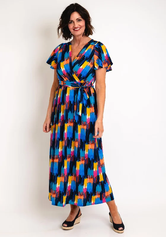 Plus size floral print maxi dresses-Serafina Collection Printed Long Wrap Dress, Blue Multi