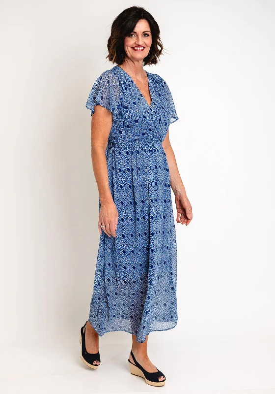 Boho chic maxi dresses with embroidered details-Serafina Collection Vintage Print Wrap Long Dress, Blue