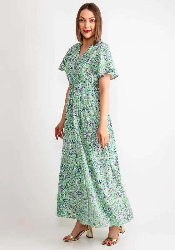 Maxi dresses for beachside celebrations-Serafina Collection Printed Belted Long Wrap Dress, Green