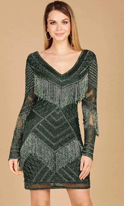 Party dress for a trendy exclusive fashion gathering-Lara Dresses 29355 - long Sleeve Beaded Fringe Cocktail Dress