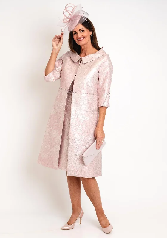 Trendy velvet maxi dresses for winter evenings-Lizabella Embossed Design Long Jacket & Dress Set, Blush Pink