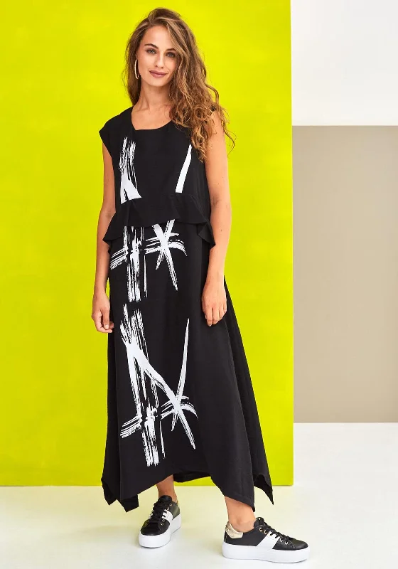 Maxi dresses with floral designs for vacations-Naya Printed Curved Hem Long Dress, Black & White