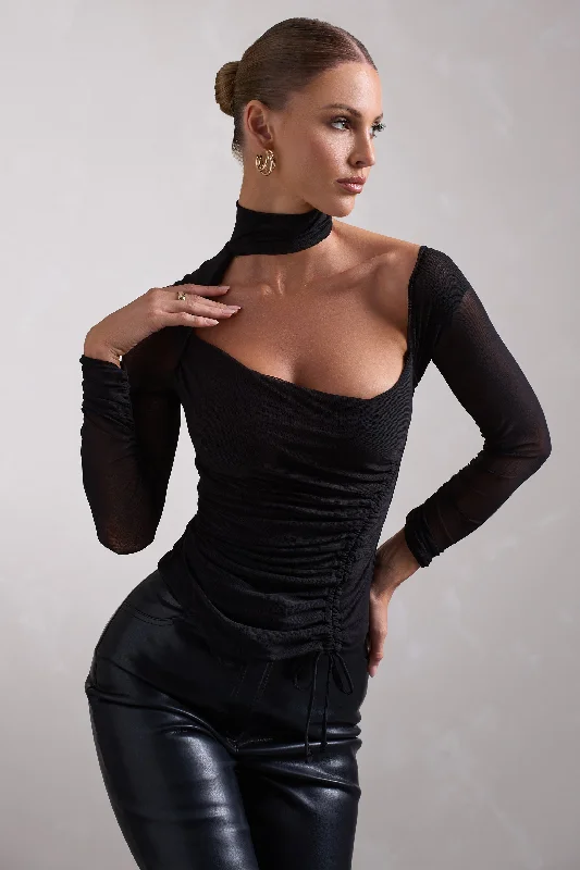 Formal velvet maxi dresses-Nicole | Black Ruched Mesh Asymmetric Top With Long Sheer Sleeves