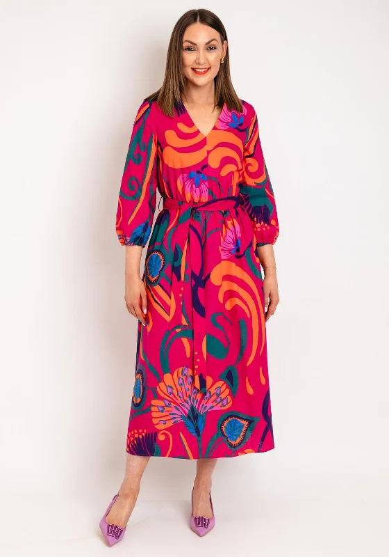 Maxi dresses with long sleeves for evening wear-Oui Floral Print V Neck Long Cotton Dress, Pink Multi