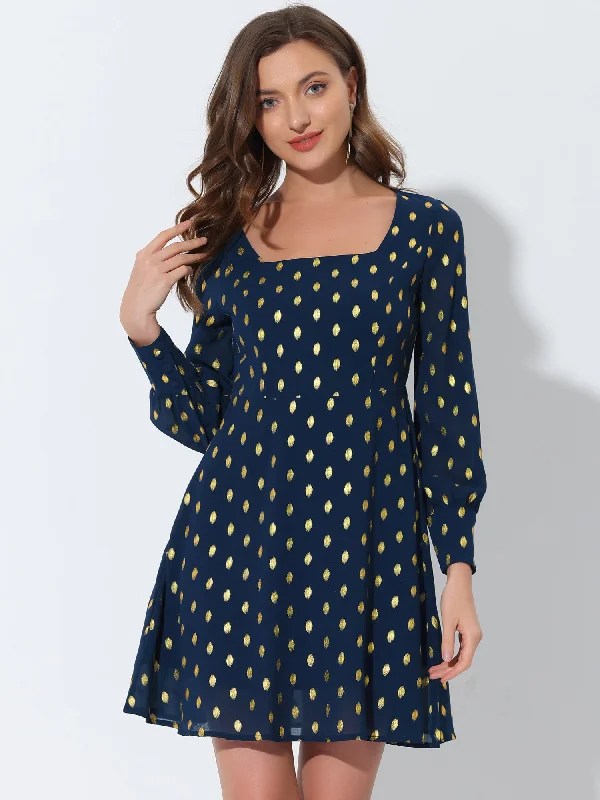 Maxi dresses with floral embroidery-Square Neck Long Puff Sleeve Metallic Polka Dot A-Line Dress