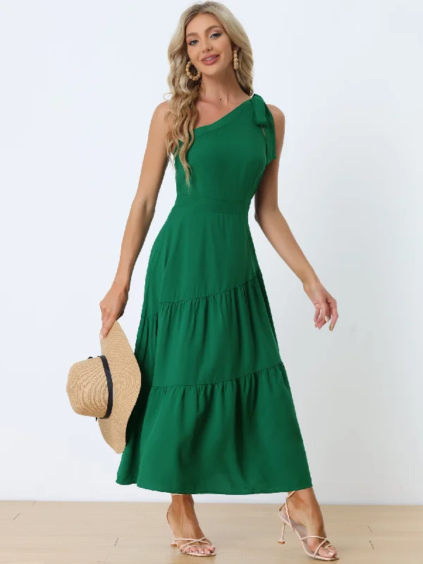 Maxi dresses with empire waist-One Shoulder Ruched Sleeveless Elastic Waist Elegant Long Dress Sundress