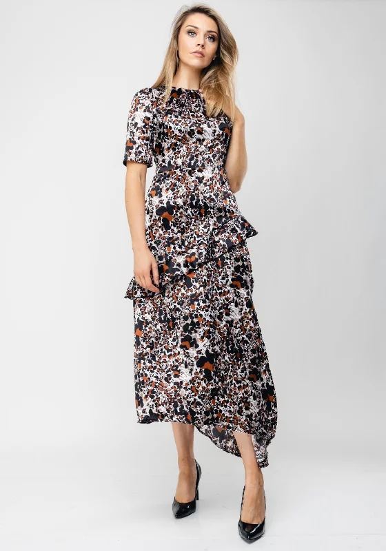 Elegant floral maxi dresses with sequins-Seventy1 Abstract Print Satin Long Dress, Black