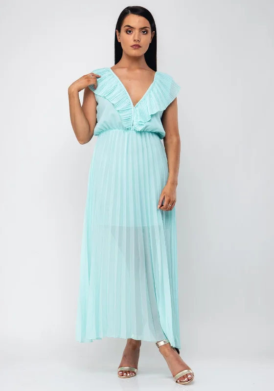 Plus size formal maxi dresses for garden parties-Seventy1 Pleated Long One Size Dress, Turquoise