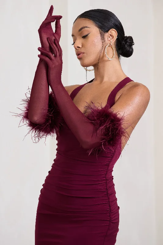 Sexy floral print satin maxi dresses-Watch & Wave | Burgundy Sheer Long Feather Gloves