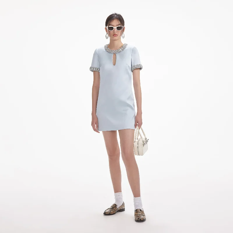 mini dresses-perfect for laid-back eventsBlue Satin Embellished Mini Dress