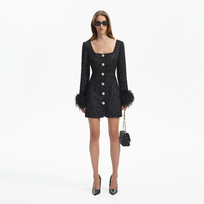 mini dresses-perfect for all-day wearBlack Boucle Feather Mini Dress