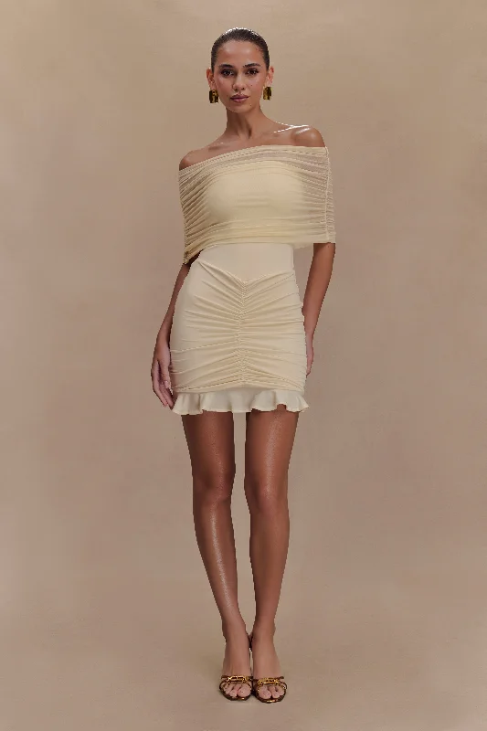 mini dresses-perfect for evening walksCaspian Slinky And Mesh Off Shoulder Mini Dress - Ivory