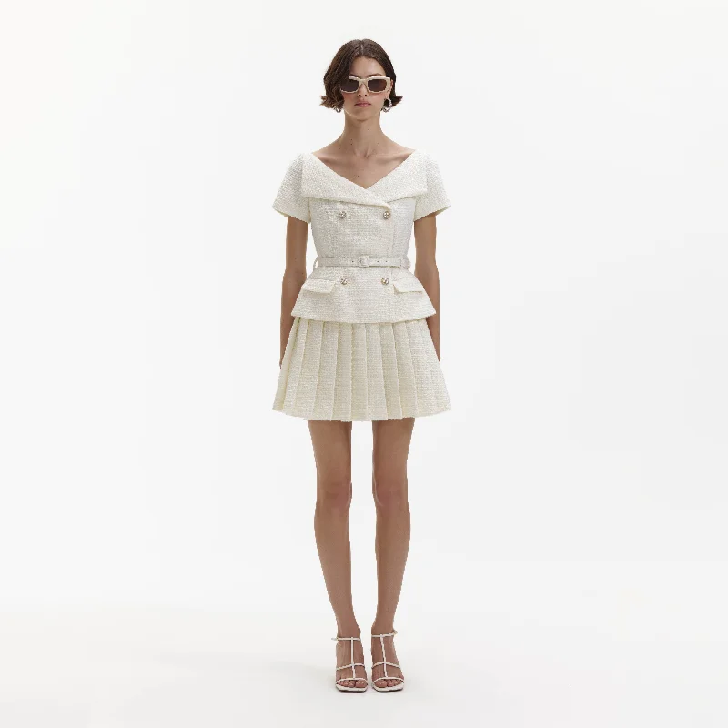 mini dresses-perfect spring-summer styleCream Boucle Pleated Mini Dress