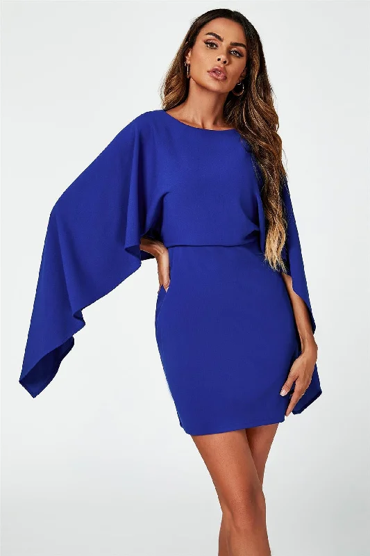 mini dresses-perfect for stylish day outingsFS Collection Back Detail Mini Dress With Cape In Blue