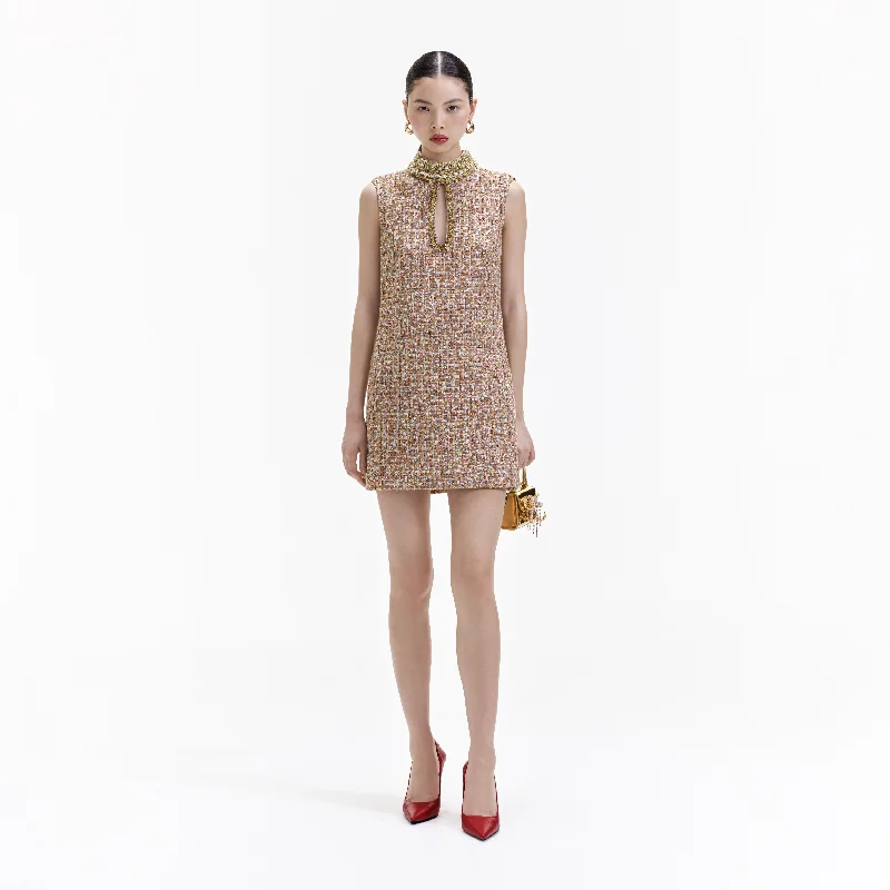 mini dresses-perfect for evening street styleGold Tinsel Boucle Embellished Mini Dress