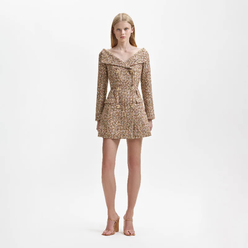 mini dresses-perfect for city street looksGold Tinsel Boucle Off Shoulder Mini Dress