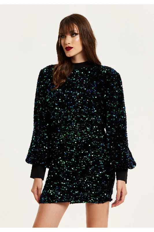 mini dresses-perfect fit for beach partiesLiquorish Black Velvet Based Green And Blue Sequin Mini Dress