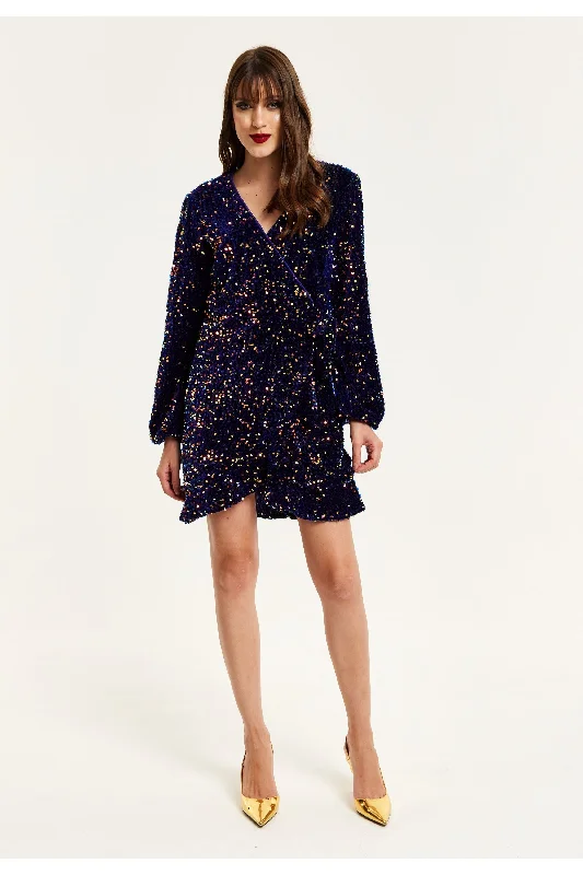 mini dresses-perfect for trendy street attireLiquorish Royal Blue Velvet Based Multicolour Sequin Mini Wrap Dress