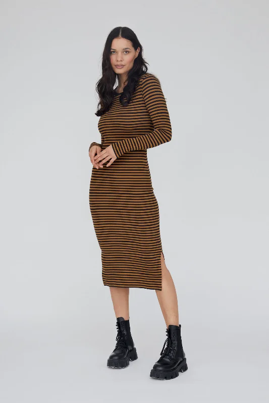 Backless maxi dresses for summer-Ludmilla Long Dress - Bronze Brown/Black Stripe