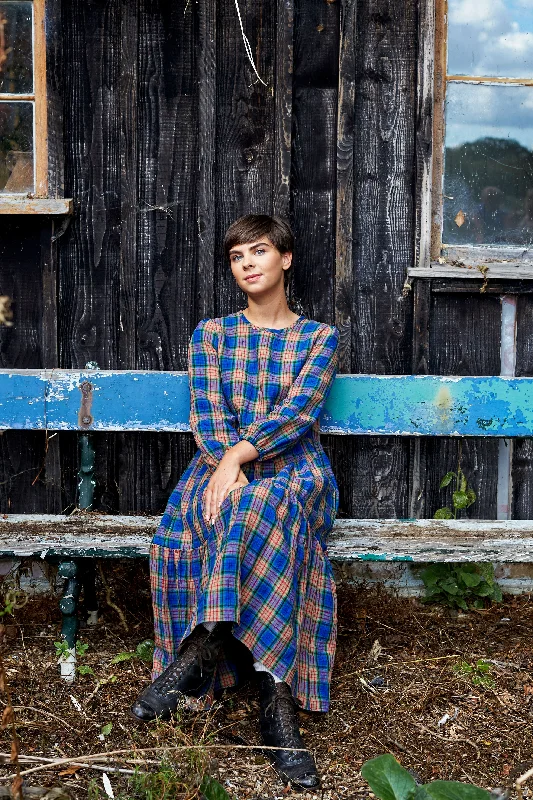 Elegant evening maxi dresses with sequins-Mill Town Dress in Longford Tartan Irish Linen