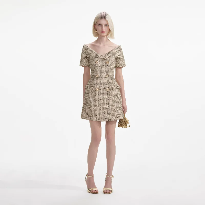 mini dresses-perfect for fashion-forward looksGold Boucle Open Neck Mini Dress