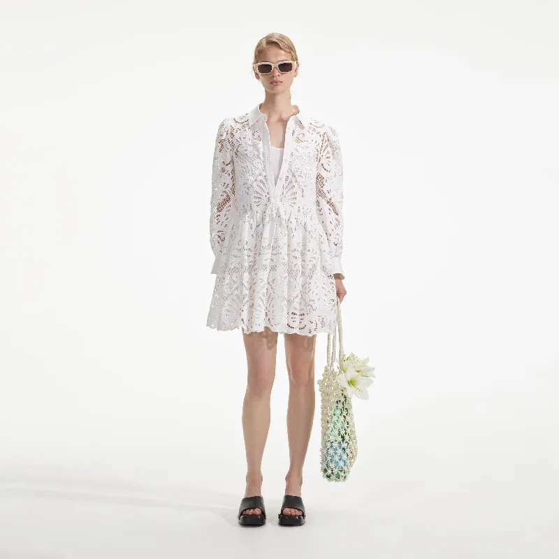 mini dresses-perfect fit for a chic brunchWhite Cotton Lace Mini Shirt Dress