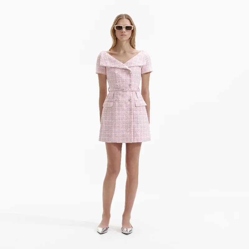 mini dresses-perfect for chic daily looksPink Boucle Off Shoulder Mini Dress