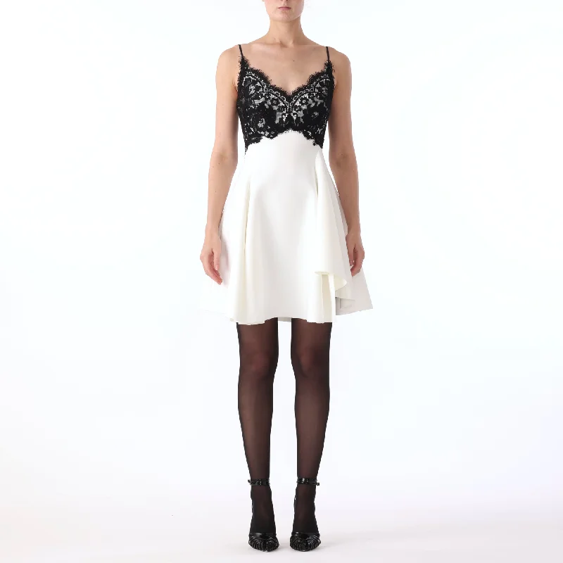 mini dresses-perfect for chic afternoon wearS/L BONDED CREPE MINI DRESS WITH CORDED BOUQUET LACE