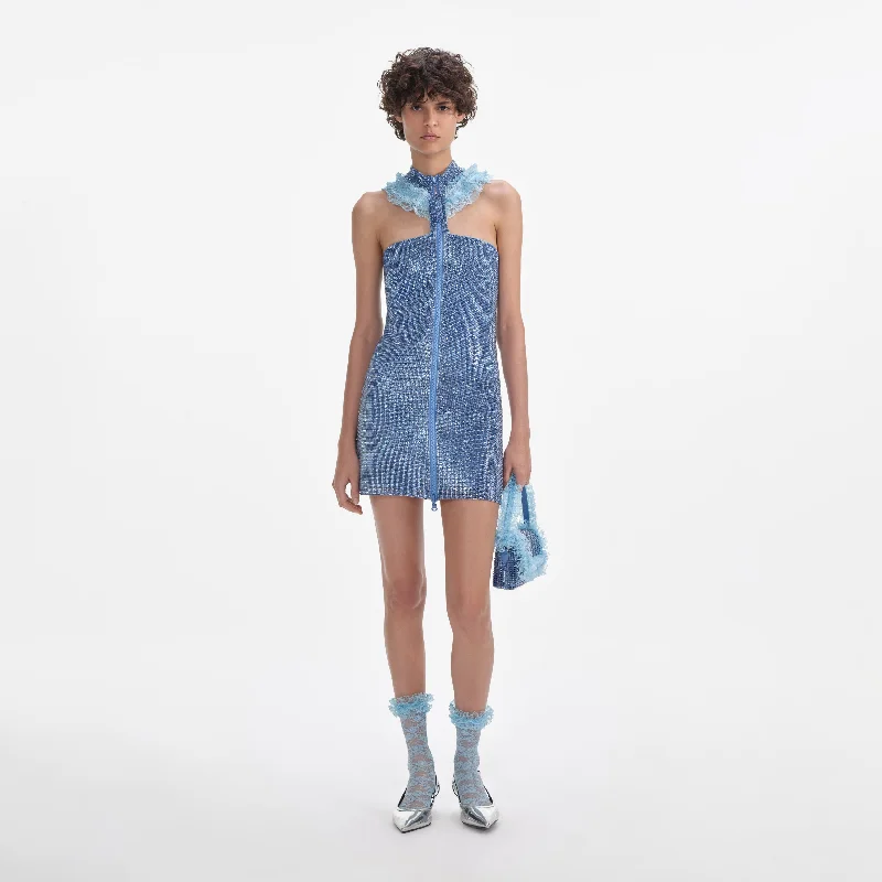 mini dresses-perfect for an elegant nightBlue Crystal Chainmail Zip Mini Dress