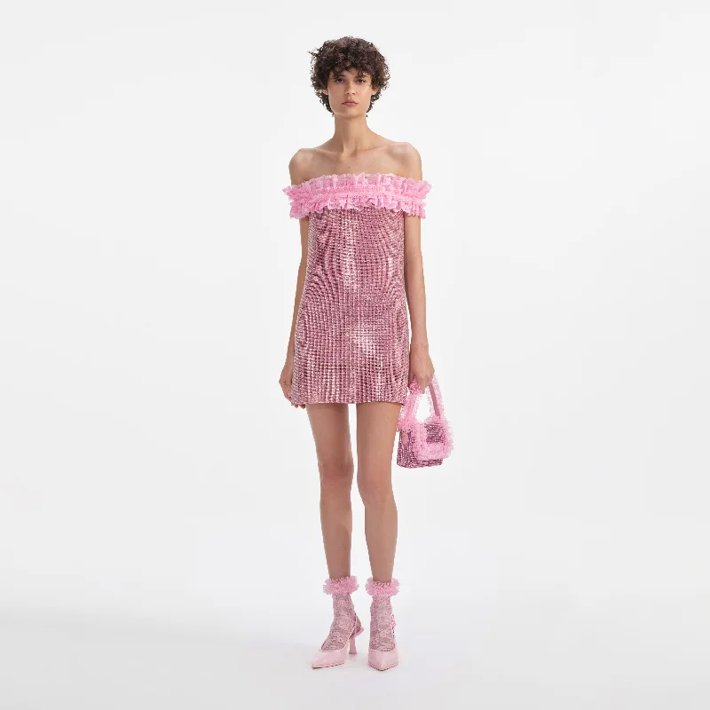 mini dresses-perfect for spring fashionPink Crystal Chainmail Mini Dress