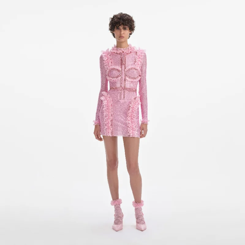 mini dresses-chic boho stylePink Rhinestone Mesh Ruffle Mini Dress