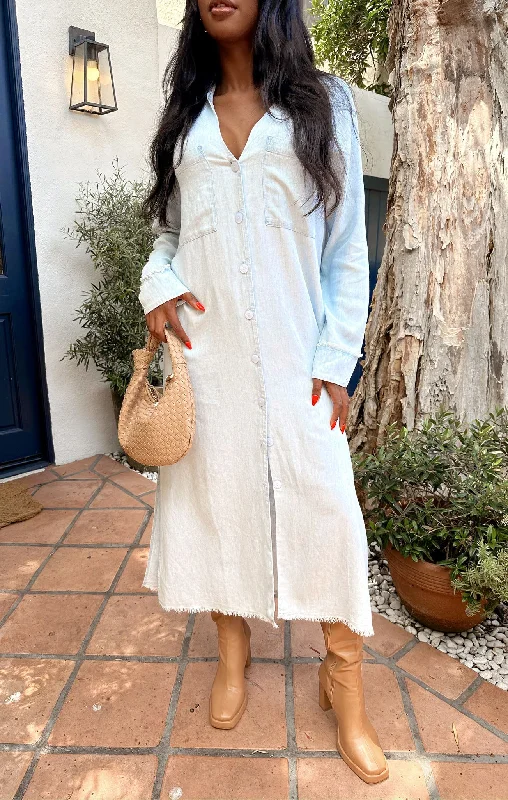 Maxi dresses with long sleeves for evening wear-Wilmington Long Shirt Dress ~ Light Chambray